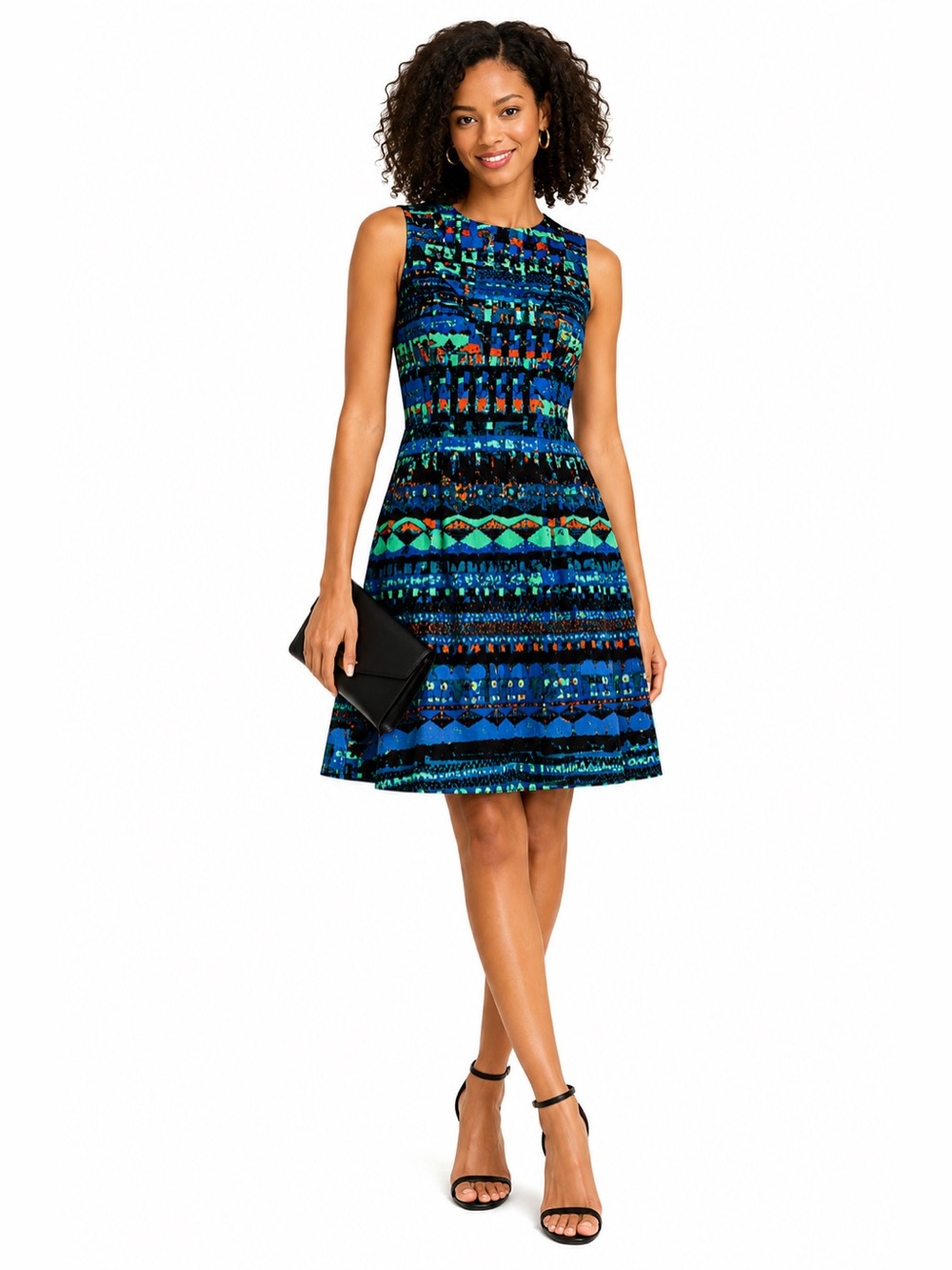 Plenty by Tracy Reese Sleeveless Blue and Teal Geometric Fit-and-Flare Dress CT